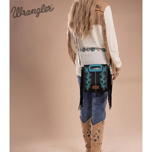 WG193-2003 Wrangler Top Handle Boot Scroll Fringe Tote/Crossbody -Black - Picture 2 of 4